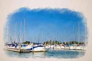 Watercolor drawing of White yachts are moored on water of pier parking in marina port harbour of Sottomarina town in summer day