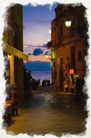 Watercolor drawing of Night evening streets with bright lanterns lamps on buildings with balconies, silhouette of people and colorful sky with clouds, Tropea town photo