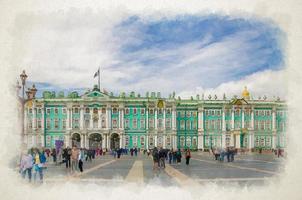 Watercolor drawing of Saint Petersburg The State Hermitage Museum building, The Winter Palace official residence of the Russian Emperors