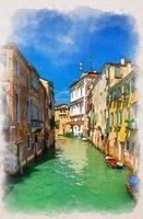 Watercolor drawing of Venice cityscape with narrow water canal with colorful boats moored near old multicolored buildings, Veneto Region photo