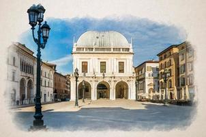 Watercolor drawing of Palazzo della Loggia palace Town Hall Renaissance style building and street lights in Piazza della Loggia Square, Brescia city photo