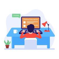 Student working on computer, online education flat illustration vector