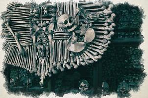 Watercolor drawing of Royal coat of arms made of human bones and skulls with pile