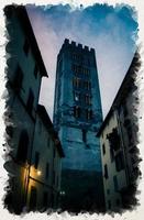 Watercolor drawing of Bell tower of Chiesa di San Frediano catholic church in historical centre of old town Lucca photo