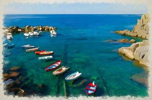 Watercolor drawing of Fishing colorful boats on transparent water in small harbor of Riomaggiore village