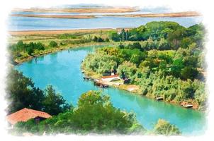 Watercolor drawing of Aerial view of Torcello islands, water canal with fishing boats, green trees and bushes, swamp. View of Venetian Lagoon photo