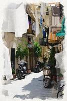 Watercolor drawing of narrow streets of Bari city with scooters, balconies and bed linen on clothes lines, Puglia Apulia