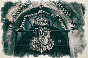 Watercolor drawing of Royal coat of arms made of human bones and skulls with pile