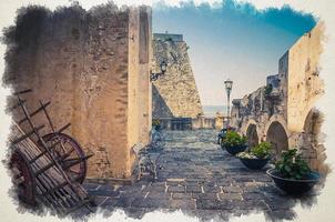 Watercolor drawing of Courtyard old medieval knight castle on rock Castello Ruffo with stone ancient walls, street lamps, vases with flowers and cart wagon wheel, Scilla photo