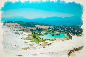 Watercolor drawing of Natural white travertine pools and terraces, turquoise lake and town further in Pamukkale