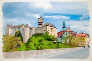 Watercolor drawing of Loket Castle Hrad Loket gothic style building on massive rock, colorful buildings in town, bridge over Eger river