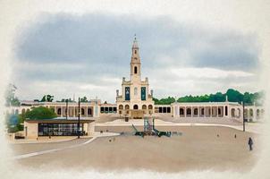 Watercolor drawing of Sanctuary of Our Lady of Fatima with Basilica of Our Lady of the Rosary catholic church