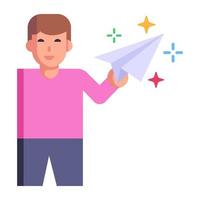 Student playing with paper plane, flat icon vector