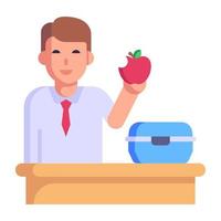 estudiante comiendo una manzana, icono plano de la lonchera vector