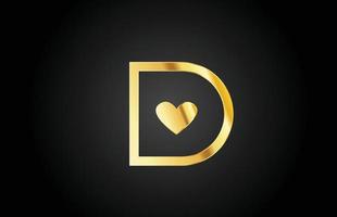 gold golden D love heart alphabet letter logo icon design. Creative template for company or business vector