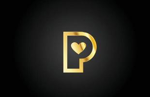 gold golden P love heart alphabet letter logo icon design. Creative template for company or business vector