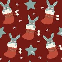 Seamless pattern Cute rabbit sleeps in a Christmas sock. Holiday hand drawn vector design.
