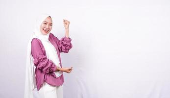 beautiful women hijab celebrate happiness isolated white background photo