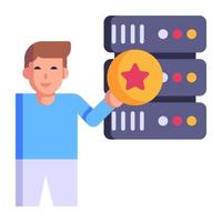 persona golpeando servidor con pico, icono plano de minería de datos vector