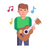 niño tocando guitarra, icono plano de aprendizaje musical vector