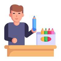 Student with color pencils, flat icon vector