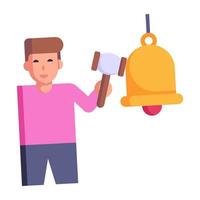 niño tocando la campana de la escuela con un martillo, icono plano vector