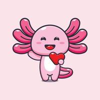 linda ilustración de personaje de dibujos animados de mascota axolotl en el día de san valentín vector