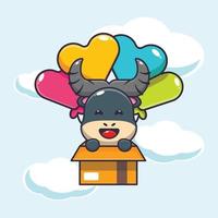 cute buffalo mascot cartoon character fly with balloon vector