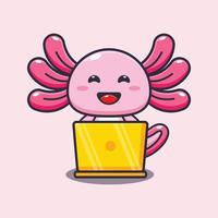 ilustración de mascota de dibujos animados lindo axolotl con computadora portátil vector