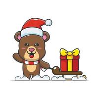 Cute bear carrying christmas gift box. Cute christmas cartoon illustration.. vector