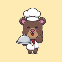 lindo oso chef mascota personaje de dibujos animados con plato vector