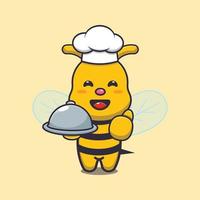 Cute bee chef mascota personaje de dibujos animados con plato vector