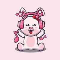 ilustración de mascota de dibujos animados lindo conejito escuchando música con auriculares vector
