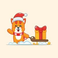 Cute cat carrying christmas gift box. Cute christmas cartoon illustration.. vector
