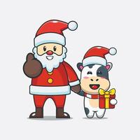 Cute cow with santa claus. Cute christmas cartoon illustration. vector