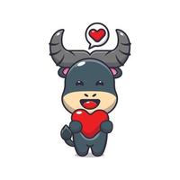 cute buffalo mascot cartoon character illustration in valentine day vector