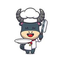 cute buffalo chef mascot cartoon character with knife and plate vector