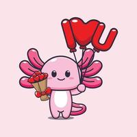 linda ilustración de personaje de dibujos animados de mascota axolotl en el día de san valentín vector