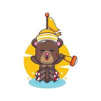 cute bear mascot cartoon character on the boat vector