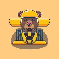 lindo oso mascota personaje de dibujos animados montando coche de carreras vector