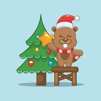 Cute beaver taking star from christmas tree. Cute christmas cartoon illustration. vector