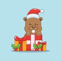 Cute beaver with christmas gift. Cute christmas cartoon illustration. vector