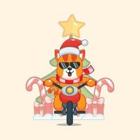 lindo gato llevando regalo de navidad con motocicleta. linda ilustración de dibujos animados de navidad. vector