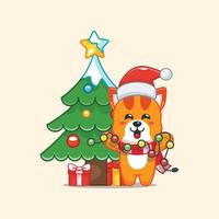 Cute cat with christmast lamp. Cute christmas cartoon illustration. vector