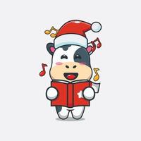 Cute cow sing a christmas song. Cute christmas cartoon illustration. vector