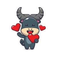 cute buffalo mascot cartoon character illustration in valentine day vector