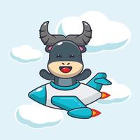 lindo personaje de dibujos animados de mascota de búfalo paseo en avión jet vector