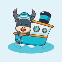 cute buffalo mascot cartoon character on the ship vector