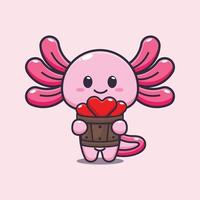 linda ilustración de personaje de dibujos animados de mascota axolotl en el día de san valentín vector