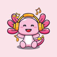ilustración de mascota de dibujos animados lindo axolotl escuchando música con auriculares vector